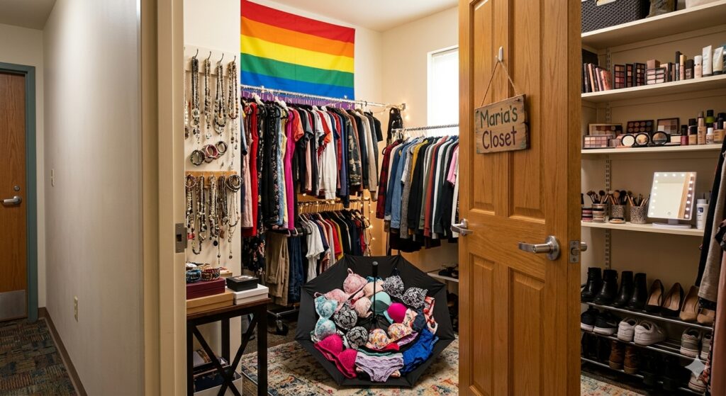 A rack of donated clothing beside a rainbow flag.